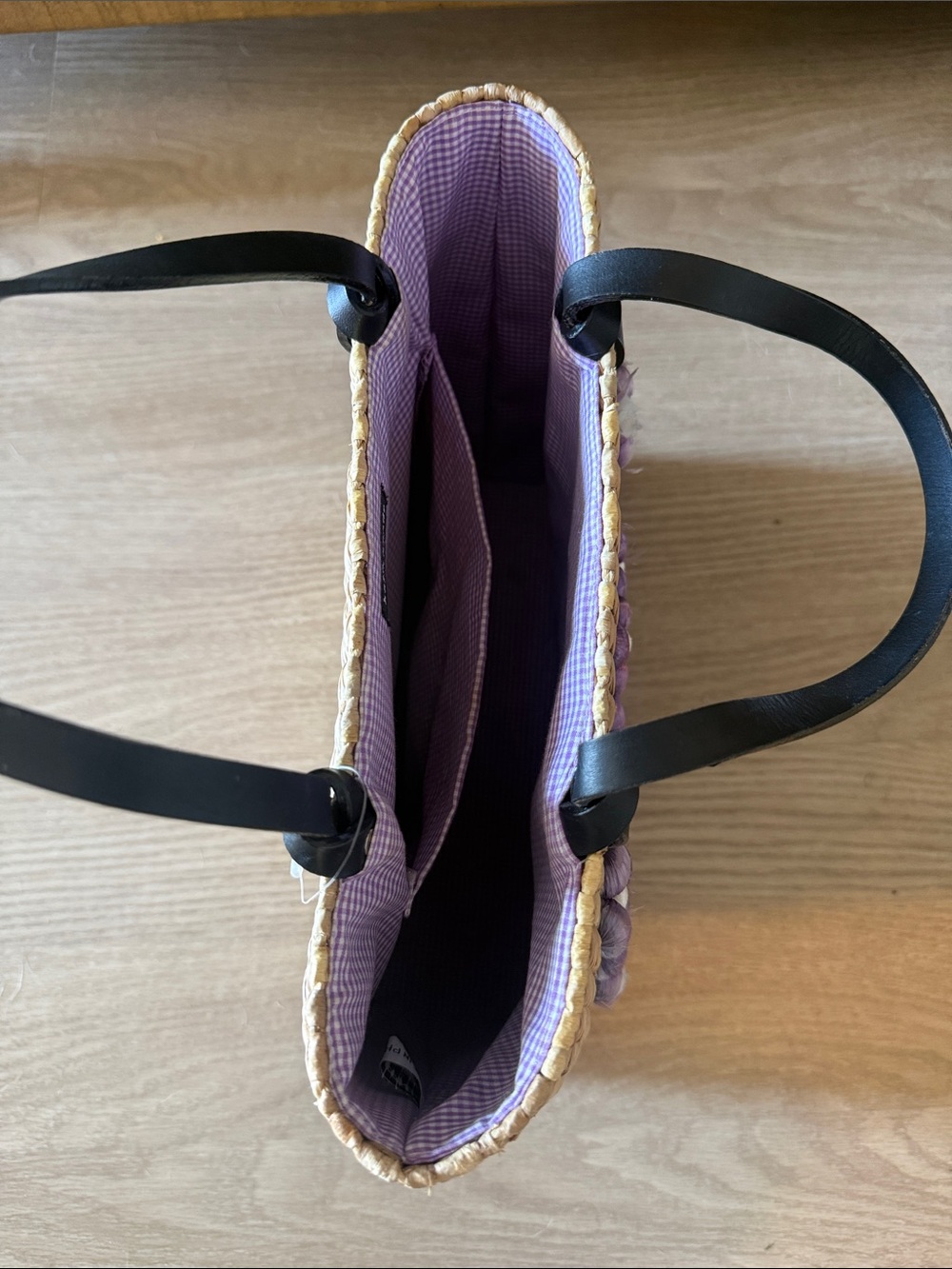kate spade Natural Straw Tote with Purple Floral Embroidery and Black Handles - Picture 7 of 7